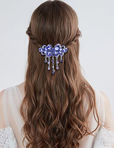 2 Pcs Butterfly Flower Tassel Hair Barrettes Large Rhinestone Hair Clip Vintage Crystal Sparkly Hair Clasps Spring Glitter Hairpin Bow Hair Accessories For Women (Blue+Purple) #TOP3