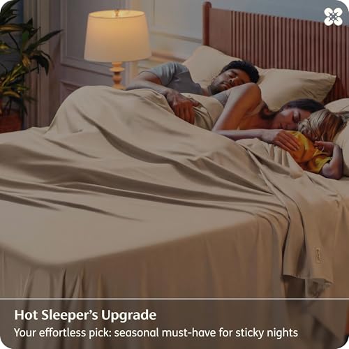 Image of Bedsure King Size Sheet Set, Cooling Sheets, Rayon Derived from Bamboo, Deep Pocket Up to 16 inch, PureWoven, Breathable & Soft, Bed Sheets, Hotel Luxury Silky Bedding for Hot Sleepers, Beige