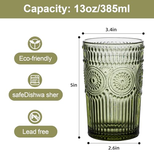 ZMOWIPDL Vintage Glassware Drinking Glasses Set of 6,13 oz Green Textured Flower Design Glass Water Tumblers，Embossed Striped Drinkware for Water,Cocktails,Juice,Iced Coffee
