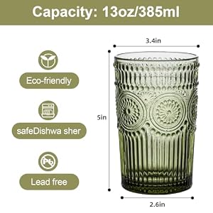 Vintage Glassware Drinking Glasses Set of 613 oz Green Textured Flower Design Glass Water TumblersEmbossed Striped Drinkware for WaterCocktailsJuiceIced Coffee