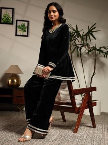 Image of Leriya Fashion Velvet Kurti Set for Woman | Short Kurti for Women | Co ord Set for Women Stylish Party Suit | Ethnic Office Everyday Wear & Casual Look | A Line Kurta Set for Woman