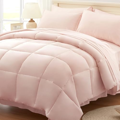 Anluoer Queen Comforter Set 7 Piece, Pink Bed in a Bag with Comforters, Pillow Shams, Pillowcases, Flat Sheet, Fitted Sheet