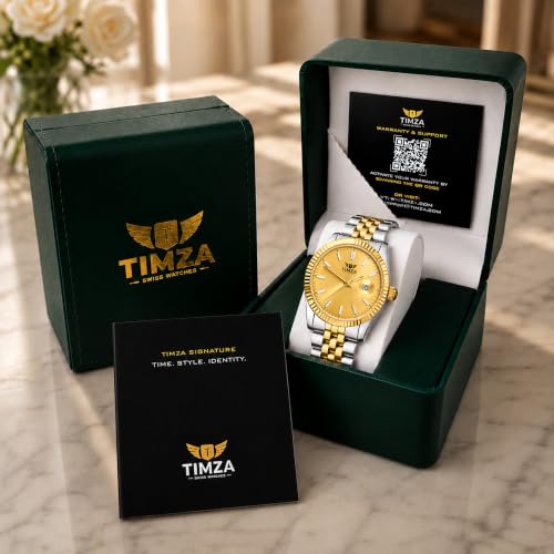 Image of Classic Gold Dial Quartz Watch for Men with Stainless Steel Two Tone Bracelet (Silver-Golden), Magnified Date Window & Water Resistant Build