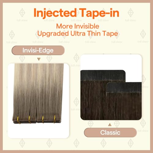 Image of Full Shine Injected Tape in Hair Extensions Human Hair Medium Brown Fading to Ash Brown and Platinum Blonde 16Inch Virgin Invisible Tape in Extensions 20Gram 10Pcs for Daily