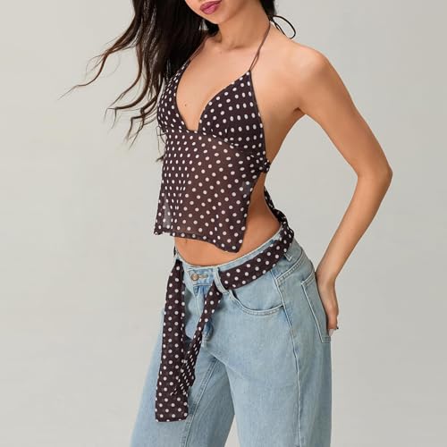 Women Polka Dot Halter Top Y2k Backless Cami Tank Tops with Scarf4