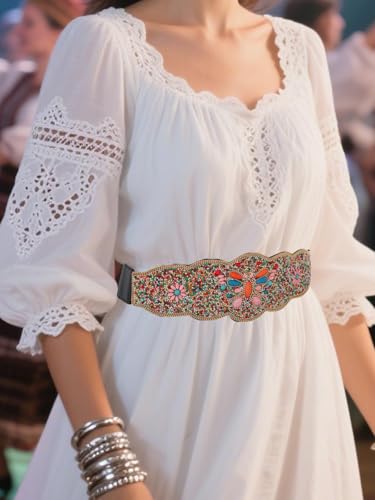 Urieo Bohemian Ethnic Stretchy Beaded Belts Shell Black Wide Elastic Bead Belt Tassel Dress Waist Cinch Belt for Women2