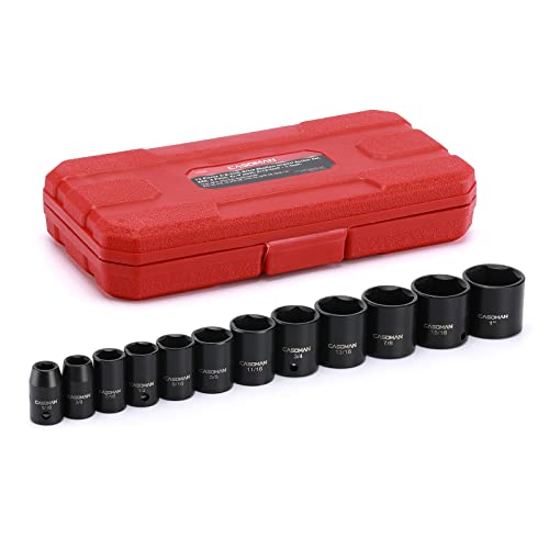 CASOMAN 12 Pieces 3/8-Inch Drive Impact Socket Set, 6-Point, SAE, Deep, CR-V, 5/16" to 1", Heavy Duty Blow Molded Storage Case