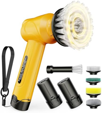 qimedo Battery Electric Spin Scrubber Q4, Handheld Scrubber for Cleaning with Display, Power Dish Scrubber with 5 Heads, Show