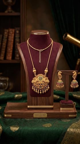 Image of Traditional Gold-Plated Lakshmi Temple Pendant Necklace Set for Women | Antique South Indian Jewelry with Jhumka Earrings | Ethnic Bridal, Wedding & Festive Jewelry Set