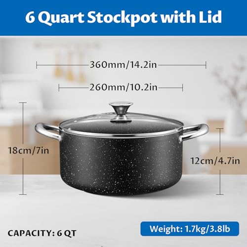 BEZIA 6 Quart Nonstick Cooking Pot with Lid, Induction Stock Pot Soup Pot, Non-toxic and Oven Safe, Perfect for Stews, Soups and All Stovetops, PFOA PFAS Free