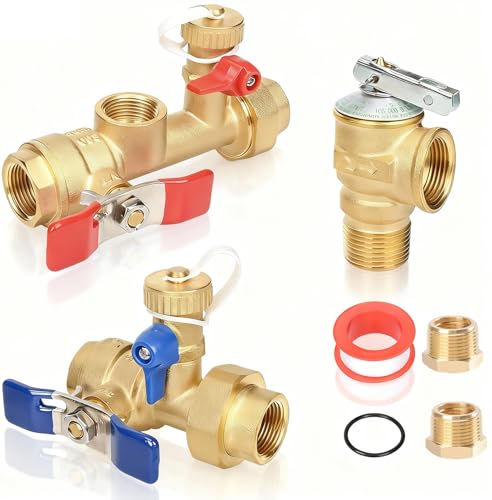 Upgrade 3/4 Inch IPS Isolator Tankless Water Heater Service Valve Kit with 2Pcs 3/4" NPT to 1/2" FNPT Brass Fitting, Tankless Water Heater Flushing Valve Kit with Pressure Relief Valve, Clean Brass