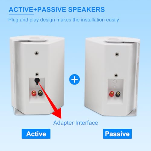 Image of Herdio 5.25 Inch 300 Watts Indoor Outdoor Bluetooth Speakers Waterproof Wall Mount Speakers Wired System All Weather Resistant for Patio Porch Home Theater Backyard(White)