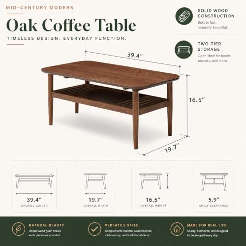 Image of Oak Solid Wood Coffee Table for Living Room 2-Tier Modern&Mid CenturyTabe for Tea and Coffee with Shelf Storage Sets (Walnut, 39.37 inch x 22.0 inch x 17.3 inch)