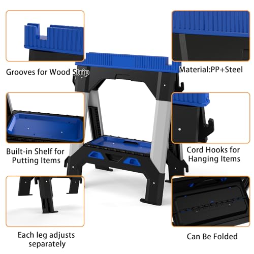 ZYJOYY Saw Horses 2 Pack Folding Heavy Duty ,Includes 4 Sawbucks, 2500 LBS Total Load Capacity, Built-In Tool Tray & Cord Hooks, Metal Folding Saw horse for Woodworking