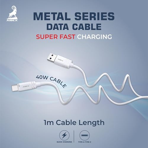 Image of AIBEX USB-A to Type-C Fast Charging Cable for Smartphones, Tablets, Laptops, Powerbanks and Other Type-C Devices, 3.4A Max Output, 40W High-Speed Data Sync, 1 Meter (GS24, White)