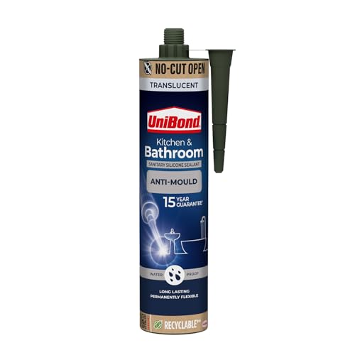 Image of UniBond Kitchen and Bathroom Mould-Resistant, Translucent Silicone Sealant, Easy No Cut Opening, Silicone-Based Sanitary Sealant, Waterproof, 1 x 280ml Cartridge
