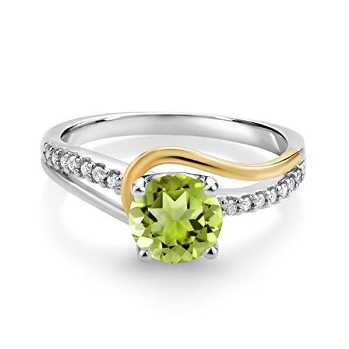 Gem Stone King 925 Sterling Silver and 10K Yellow Gold Round Peridot and White Moissanite Engagement Ring For Women (1.56 Cttw, Round 7MM, Available In Size 5, 6, 7, 8, 9)2