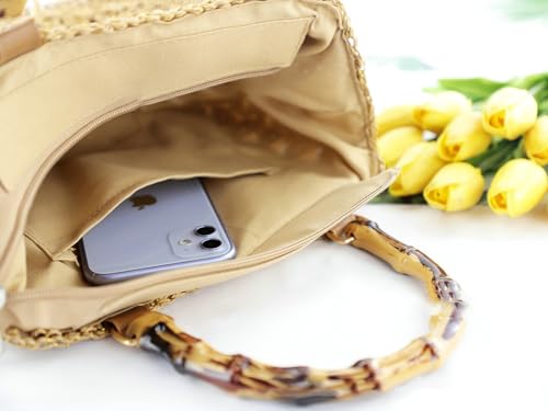 Image of Women Straw Tote Bags Beach Summer Floral Woven Shoulder Purse Travel Beach Handbag Handmade Purse