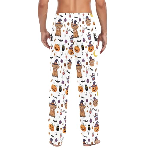 Men's Pajama Bottom Highland Cow Witches Hat Halloween Cotton Pajama Pants Drawstring Sleepwear Long Pants Pockets3