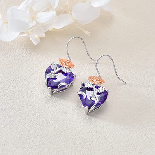 Toupop Rose Earrings For Women June Birth Flower Earrings 925 Sterling Silver Floral Dangle Drop Hooks Earrings With June Heart Birthstone Jewelry Birthday Birth Month Flower Gifts For Girls #TOP3