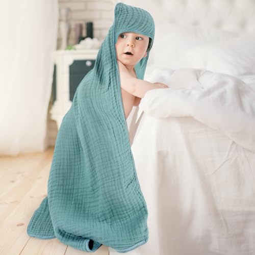 Image of Peryiter Muslin Hooded Baby Towels,32 inchx 32 inch Cotton Newborn Bath Towel Muslin Infant Baby Blankets Absorbent Unisex Newborn Registry Gift for Girls Boys(Teal)
