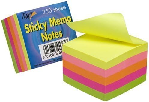 Tiger sticky memo notes 350 sheets 2in/5cm square neon block like post its