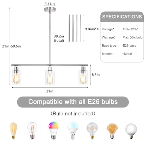 LWYTJO 3-Light Kitchen Island Lighting, Farmhouse Dining Room Light Fixtures Over Table, Modern Brushed Nickel Island Lights Over Island, Linear Chandelier Hanging Ceiling Pendant Light Fixtures by LWYTJO - Used condition - Image 4