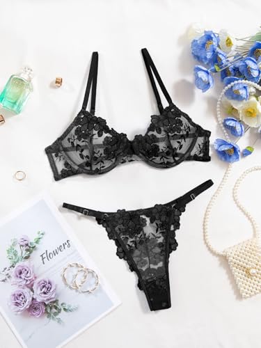 Image of Lilosy Sexy Floral Embroidered Mesh Sheer Underwire Lingerie Set