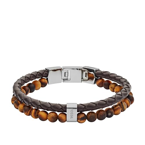 Bracelet en acier inoxydable homme et cuir Fossil avec pierres semi-precieuses