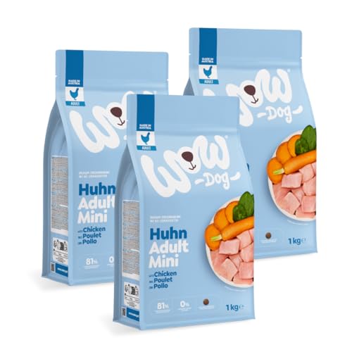 WOW Dog Hunde Trockenfutter Minis Huhn | für ausgewachsene Hunde, 32% Fleischanteil, getreidefrei | 1 kg / 3er Pack