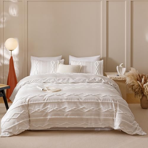 Image of KAREVER Ivory Boho Comforter Set Full Mixed Textures Jacquard Bedding Set Durable Chic and Stylish Bedroom Set