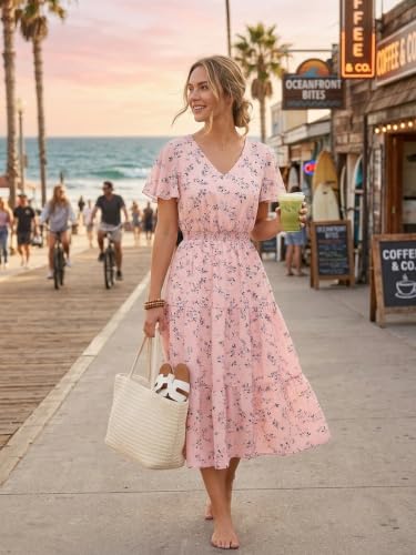 Image of Bridesmay Women's Summer Floral Midi Dress V Neck Short Sleeve A-Line Casual Beach Vacation Dresses Flowy