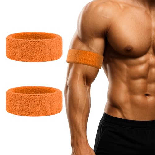 TopTie 2 PCS Bicep Bands Orange for Football, Terry Cloth Arm Sweatbands Thin Wristbands Leg Bands for Sport (One Pair)