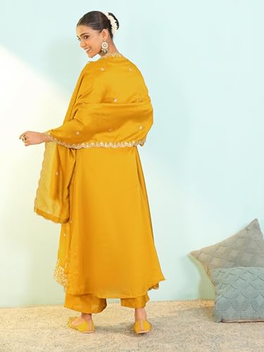 Image of Naixa Women's Vichitra Silk Embroidered A-Line Kurta with Pant and Dupatta Sets (NX-845)