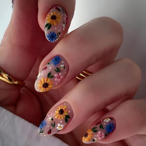 24 uñas postizas de almendra para pegar en color rosa, azul, amarillo, flores, juego de uñas acrílicas para mujer, primavera, verano, accesorios para uñas