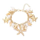 IMINI Boho Starfish & Pearl Adjustable Anklet, Gold-Toned Coastal Foot Jewellery with Seashell Charms – Summer Holiday Beach Wedding Gift for Women Girls