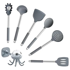 Kitchen Utensils Set, 6 Pcs Silicone Cooking Utensils with Hook, Heat Resistant Cooking Turner Spoon Spatula Set, Silicone Kitchen Spatulas for Nonstick, Dishwasher Safe(Grey)