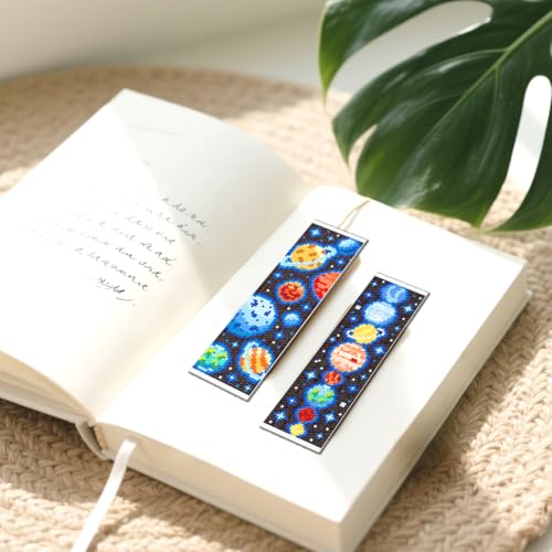 Image of FREEBLOSS 6 Set Cross Stitch Bookmark Kit Planets Pattern Stamped Cross Stitch Kit 11CT Embroidery Kits with Instructions for Beginners Adult 20x6cm /8x2.4inch