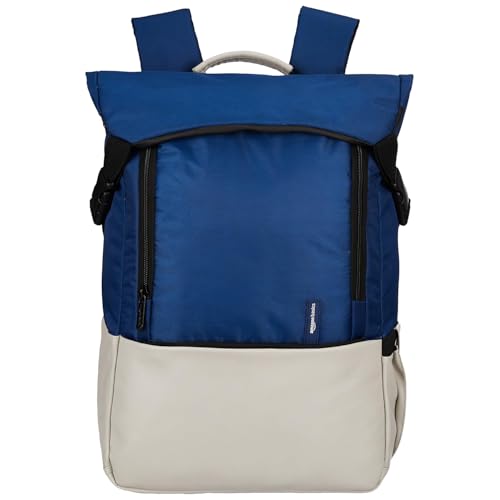 amazon basics Professional Laptop Backpack for Office, College & Travel | Laptops up to 15.6 Inches | Trolley Sleeve | Wrinkle-Free Design | Water-Resistant | Rainproof Zippers (Beige and Blue)