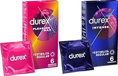 Durex Mix Preservativi, Intense 6 unità Stimolanti con Nervature e Gel Stimolante stimolanti per lei + Pleasure Max Vestibilità Regular 6 unità, 12 profilattici nominale 56 mm