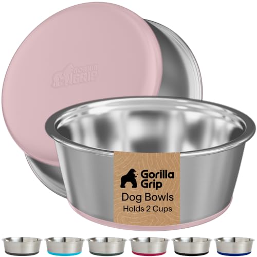 Image of GORILLA GRIP Dog Bowls, Food Grade 304 Stainless Steel, Holds 2 Cups Each (16 fl oz) Food and Water Bowl for Feeding Dogs and Cats, Dishwasher Safe, Rust Resistant, BPA Free Rubber Base Set of 2 Pink