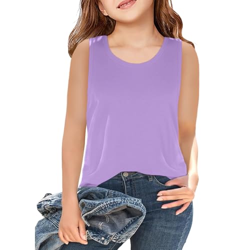 Image of Girls Sleeveless Basic Tank Tops Round Neck Tanks | 5-14 Years, Kids Loose Crewneck Tanks, Cute Classic Top, Lightweight Soft and Breathable, Casual Daily Wear