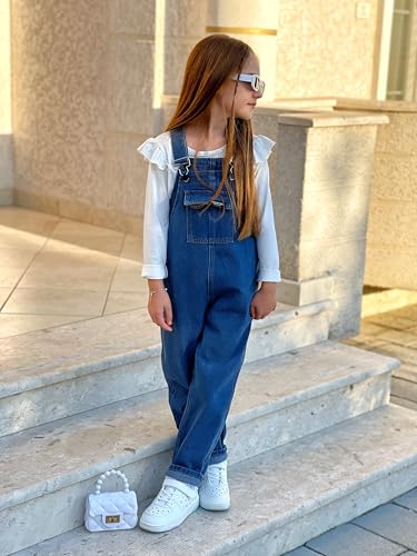 Rolanko Girls Overalls Denim Bib Distressed Jumpsuit Kids Blue Baggy Jean Pants with Pockets (10-12) - image 7