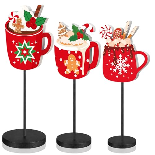 Amyhill 3 Pcs Christmas Table Decor Christmas Hot Chocolate Centerpieces Sign Xmas Tiered Tray Decor Wooden Cocoa Bar Tabletop Decorations Farmhouse Block Sign for Christmas Holiday Party Supplies
