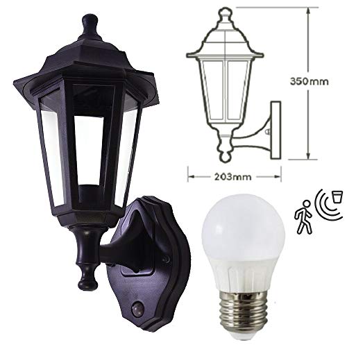 5W E27 LED PIR Motion Sensor Coach Vintage Traditional Style Black Clear Outdoor Garden Door Security Wall Light Bulb Lantern Movement Detector IP44 Rated