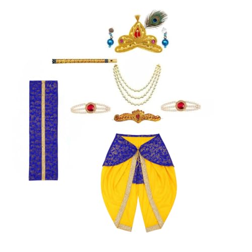 Image of ITSMYCOSTUME Krishna Dress for Baby Boy Kids Set of 10(Dhoti,Patka,Hip Cover,Mukut,Morpankh,Bansuri,Kamarband,Bajuband,Kundal) Little Krishna Ji Kanha Janmasthmi Costume for Kids