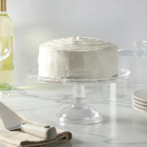 Image of Martha Stewart Watercrest Glass Cake Stand with Dome, 10.2 Inch Clear Footed Pedestal Cake Stand with Glass Lid Cover, Handmade Glassware for Cakes and Desserts