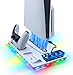 Produktbild Tolesum Vertikale Standfuß mit Kühlung für PS5/Pro/Slim, Dual Controller Ladestation Ständer mit 3 Stufen Lüfter/RGB Licht für PlayStation 5 UHD& Digital /PS5 Slim Disc & Digital