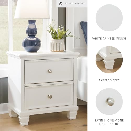Image of Signature Design by Ashley Fortman White Nightstand, 2 Drawer Storage, Hardwood Solids and MDF Construction, Traditional Wood Bedside Table, 25 inch W