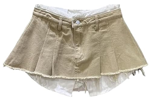 Women's Contrast Color Patchwork Denim Skirt with High Waist and Loose Wrap